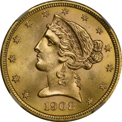 $5 Liberty Coronet Motto 1908 MS-66 obverse