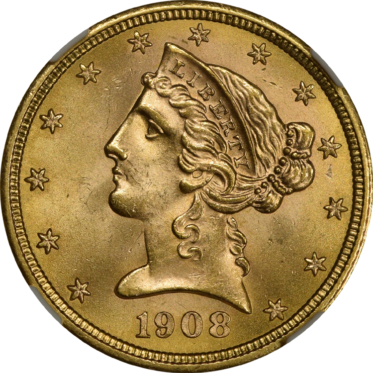 1908 Coronet Motto $5 NGC MS-66 (003600486011) Obv.