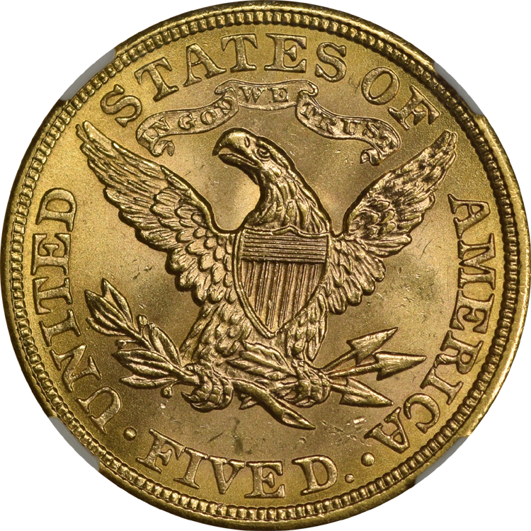 1908 Coronet Motto $5 NGC MS-66 (003600486011) Rev.